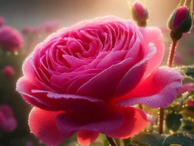 DALL·E 2024-04-15 23.52.12 - A close-up image of a vibrant pink Damascus rose, also known as the rose of Castile, with dew drops on its delicate petals in the early morning light