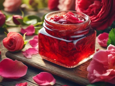 DALL·E 2024-04-16 23.10.26 - A beautiful, vibrant image of rose petal jam in a small glass jar placed on a rustic wooden table. The jam is a rich, deep red color, with visible ros