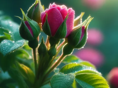 DALL·E 2024-04-16 23.52.34 - A close-up image of Damask rose buds (Rosa damascena) on a lush, healthy bush. The buds are vibrant pink, tightly closed, with dew drops visible on th