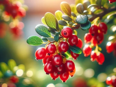 DALL·E 2024-04-22 15.00.41 - Close-up view of fresh barberries on a bush, showcasing clusters of bright red berries hanging amidst lush green leaves. The focus is sharp on the ber