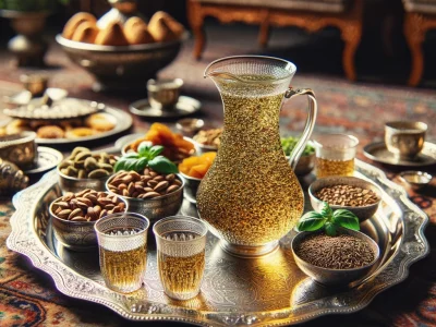 DALL·E 2024-04-22 15.17.24 - An elegant setup featuring a traditional Persian tea service with basil seeds incorporated into various refreshments. The image includes a silver tray