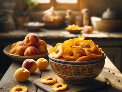 DALL·E 2024-04-22 15.39.11 - A rustic kitchen scene showcasing a bowl of dried peach slices (برگه هلو) on an old wooden table. The bowl is ceramic, hand-painted with traditional P