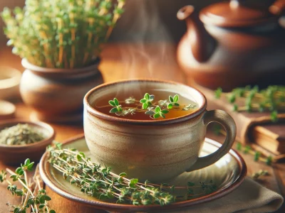 DALL·E 2024-05-03 14.43.54 - A cozy and inviting image of a cup of thyme tea. The scene should include a ceramic mug filled with steaming hot thyme tea, surrounded by fresh thyme